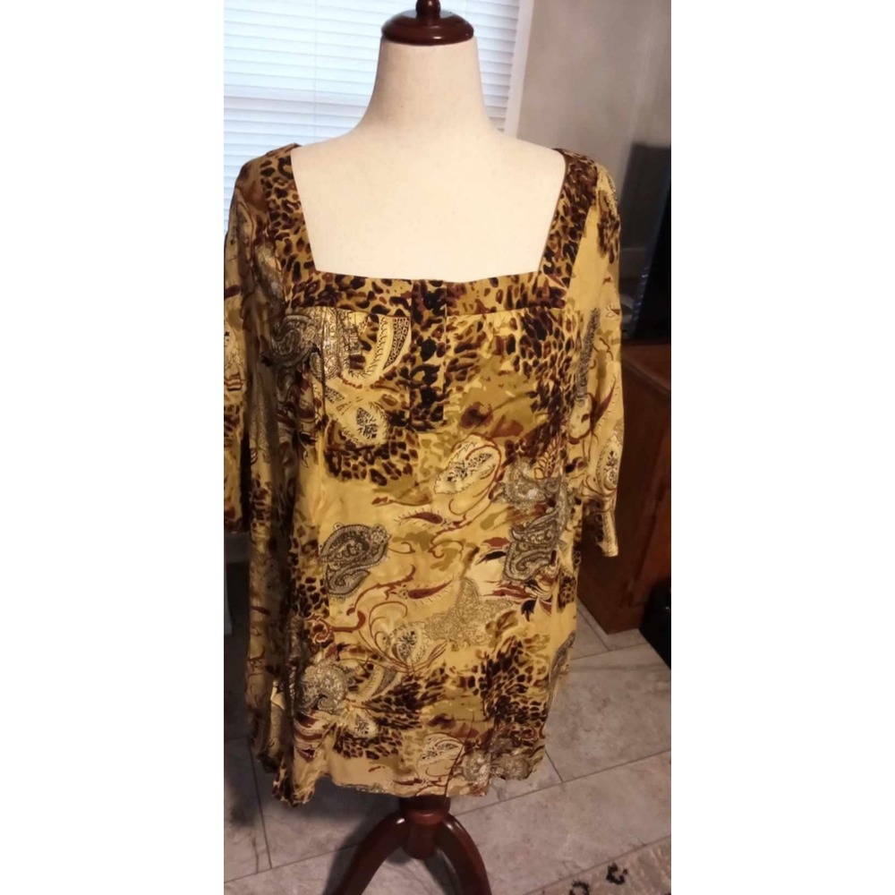 Liz & Me 5X‎ Tunic Top Beige Brown Animal Paisley Print Square Neck 3/4 Sleeve